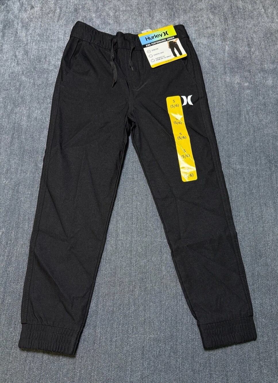 NWT Hurley Performance Joggers Kids Small (5/6) Black Logo Tapered Fit Stretch